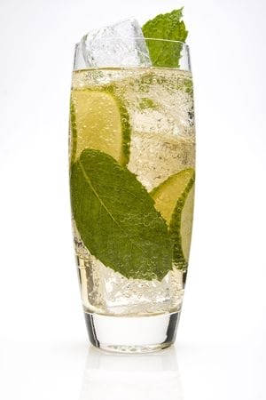 7822133 - lime spritzer cocktail with lime slices and a mint leaves.